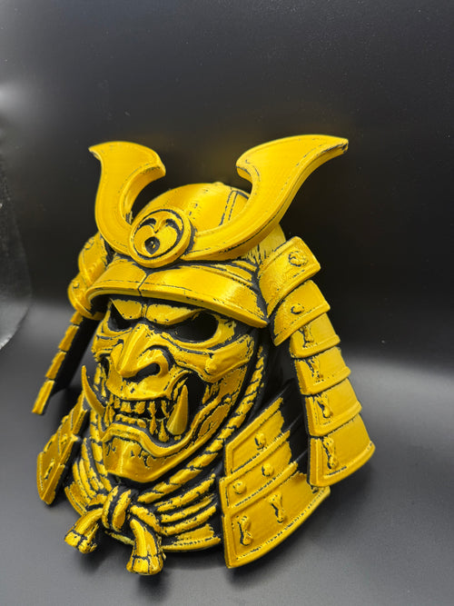 Gold Oni Samurai Mask – 3D Printed Japanese Demon Helmet Decor